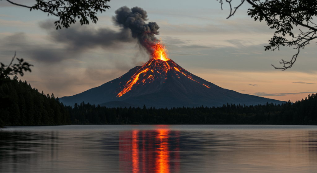 La naturaleza en nosotros: Conexión, impacto y responsabilidad 6 Volcán en erupción con ríos de lava naranja brillante reflejándose en un lago tranquilo, rodeado de bosque bajo un cielo nublado.