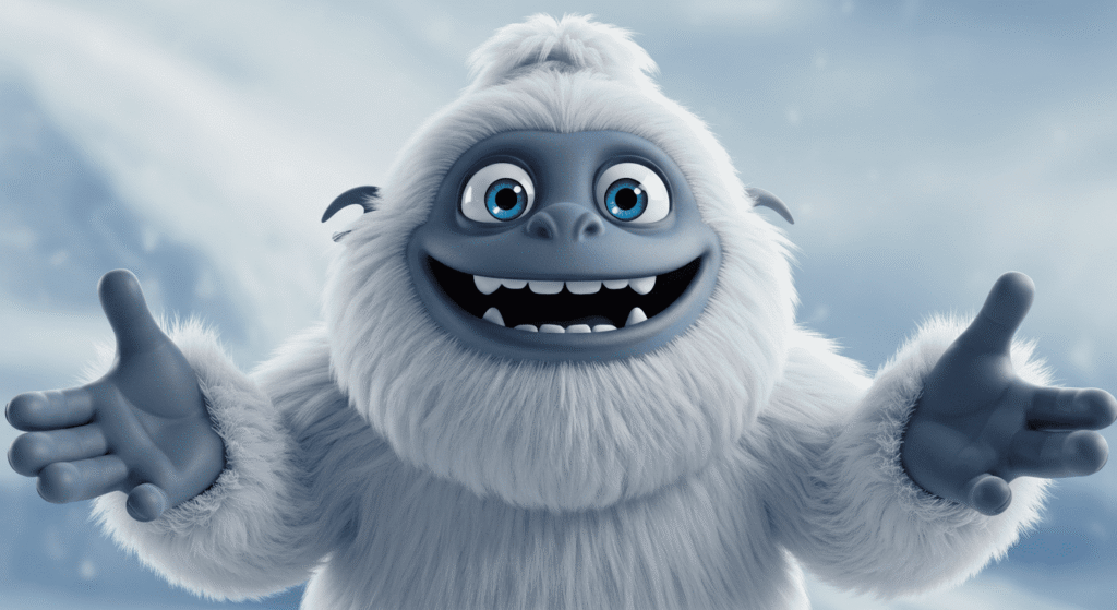 6 Grandes Misterios Históricos que Aún No Tienen Respuesta 3 "Primer plano de Yeti de caricatura con gran sonrisa y expresión amigable. Personaje de animación peludo y blanco en fondo azul helado. Ideal para niños, humor y SEO."