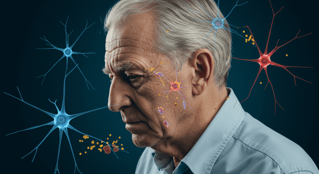Mal de Alzheimer: ¿Qué Es y Cómo Afecta al Cerebro? 2 Ilustración que muestra a un anciano con representaciones gráficas de neuronas sanas y dañadas. Imagen sobre el Alzheimer y la salud cerebral en la tercera edad.
