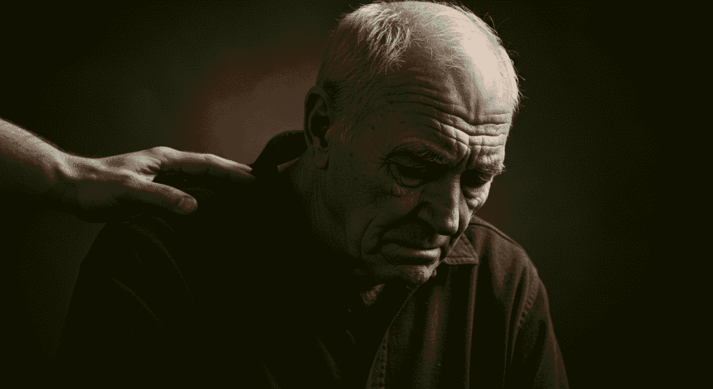Mal de Alzheimer: ¿Qué Es y Cómo Afecta al Cerebro? 3 Fotografía en sepia de un anciano con los ojos cerrados y una mano sobre su hombro. Imagen sobre la vejez, el cuidado y el apoyo familiar.