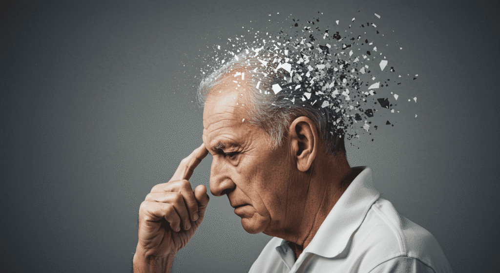 Mal de Alzheimer: ¿Qué Es y Cómo Afecta al Cerebro? 7 Imagen conceptual de un anciano con fragmentos saliendo de su cabeza, representando la pérdida de memoria o la demencia. Fotografía sobre la salud mental y el envejecimiento.