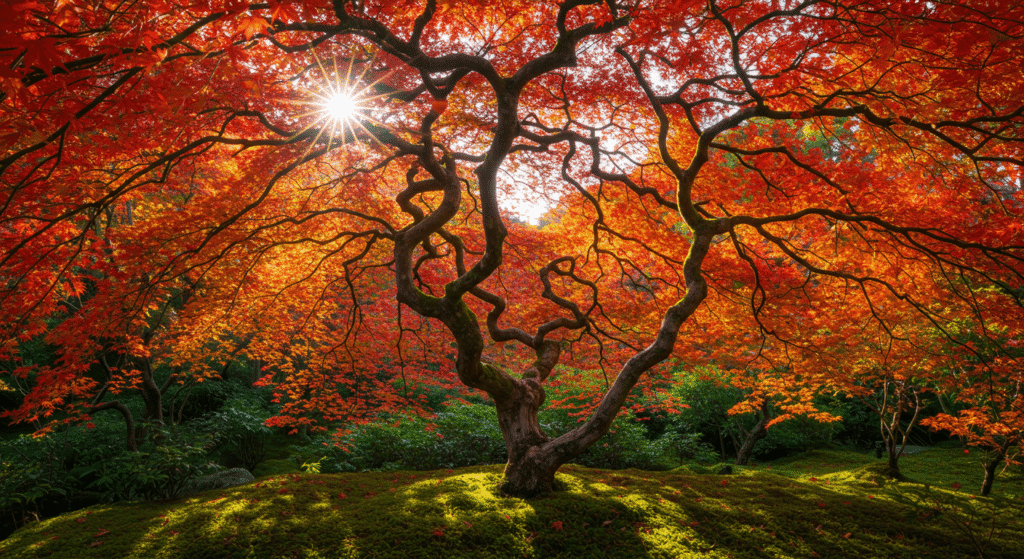 La Importancia de los Árboles: Guardianes del Planeta y Fuente de Vida 2 Fotografía de un árbol de arce japonés en otoño con hojas rojas y naranjas. Paisaje natural lleno de color y belleza otoñal. Imagen de jardines y naturaleza.
