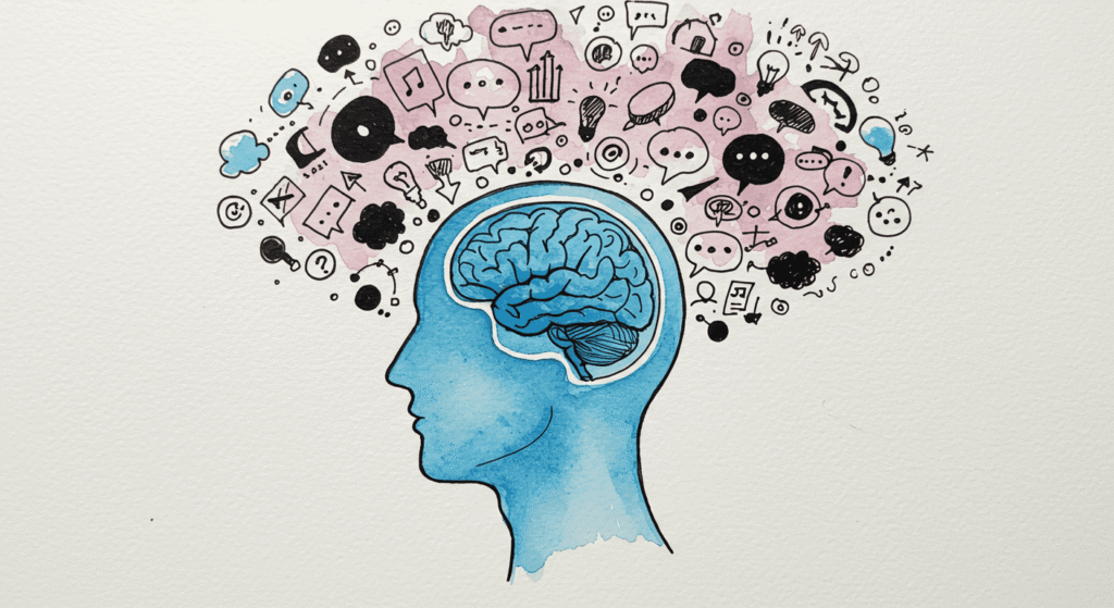 La Capacidad de Almacenamiento del Cerebro: Más Sorprendente de lo que Crees 1 Ilustración en acuarela de un cerebro humano dentro de una cabeza con bocadillos de diálogo representando pensamientos. Imagen sobre la mente, la comunicación y las ideas.