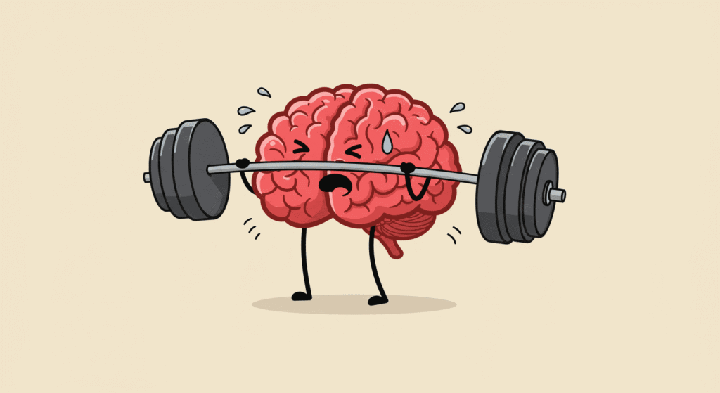 La Capacidad de Almacenamiento del Cerebro: Más Sorprendente de lo que Crees 6 Ilustración de un cerebro haciendo pesas, representando el ejercicio mental y el fortalecimiento cognitivo
