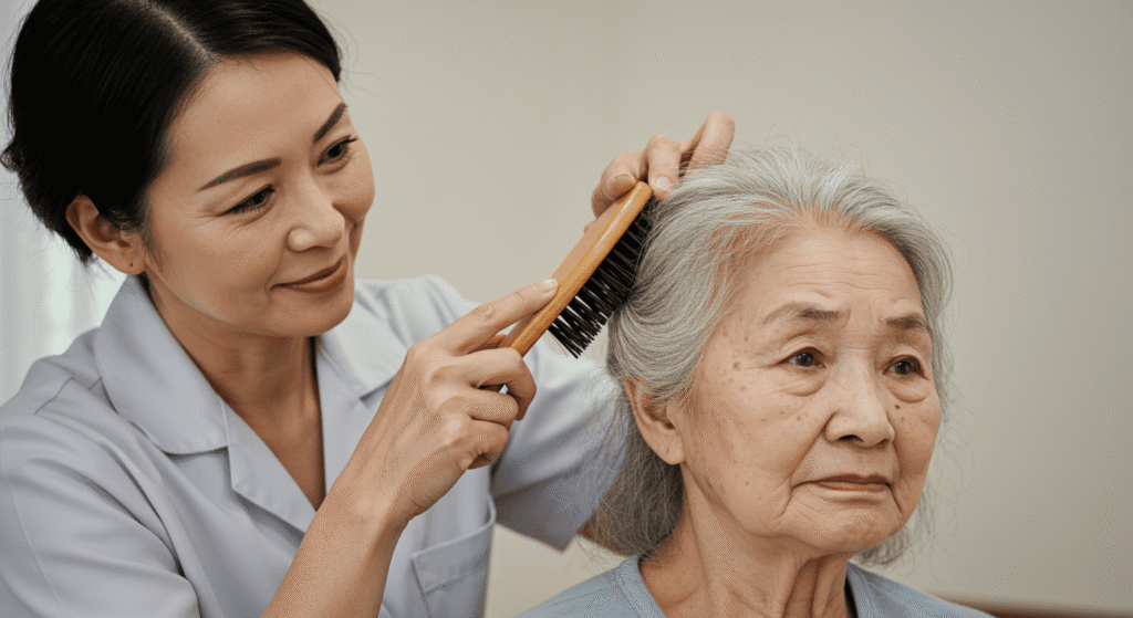 Mal de Alzheimer: ¿Qué Es y Cómo Afecta al Cerebro? 5 Imagen de una mujer cuidando a una anciana, cepillándole el pelo. Fotografía sobre el cuidado de personas mayores y la asistencia domiciliaria.