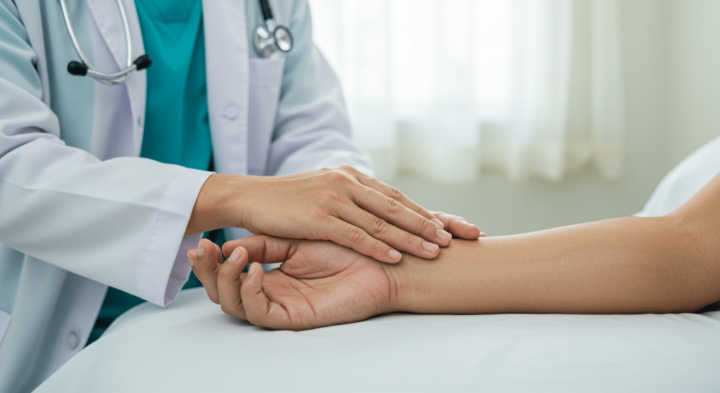 ¿Cómo funciona el cáncer? Causas, desarrollo y efectos en el organismo 6 Doctor sujetando la mano de un paciente en un gesto de apoyo y consuelo.