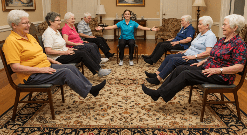 Mal de Alzheimer: ¿Qué Es y Cómo Afecta al Cerebro? 6 Imagen de un grupo de personas mayores haciendo ejercicios de piernas sentadas en sillas, dirigidas por una instructora. Fotografía sobre el ejercicio y la actividad física para la salud en la tercera edad.