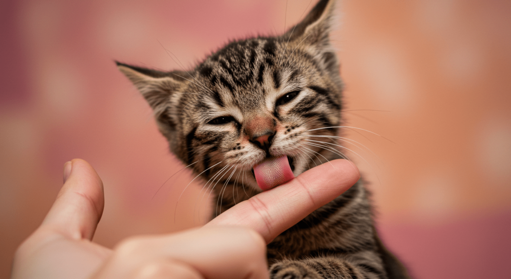 ¿Cómo sienten los perros y gatos? Descubre sus emociones y percepciones 6 Tierno gatito atigrado lamiendo un dedo humano.