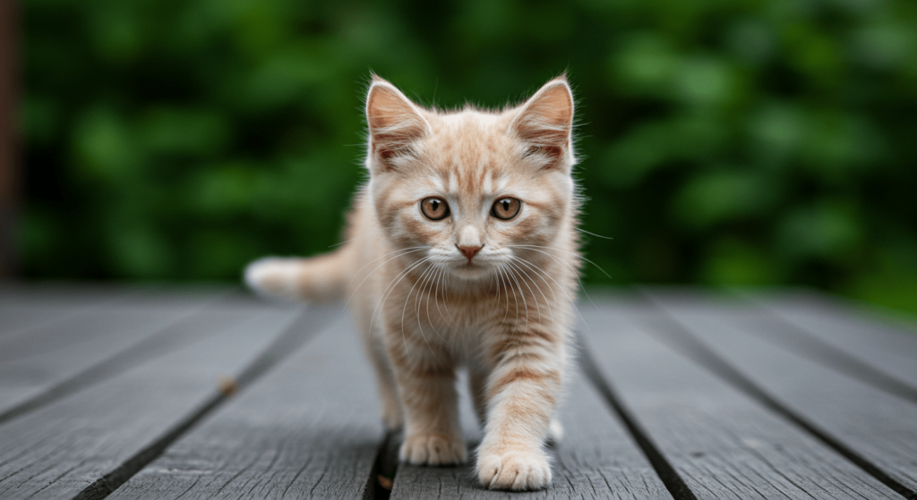 ¿Cómo sienten los perros y gatos? Descubre sus emociones y percepciones 5 Lindo gatito de color melocotón caminando sobre una superficie de madera.