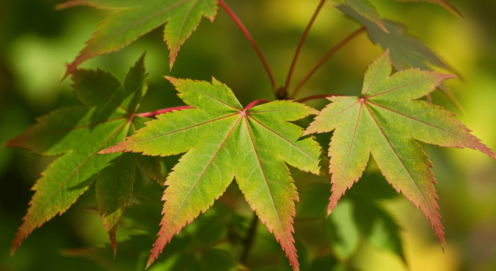 La Importancia de los Árboles: Guardianes del Planeta y Fuente de Vida 5 Fotografía de hojas de arce con tonalidades verdes, amarillas y naranjas. Imagen detallada de hojas de otoño con tallos rojos. Naturaleza y cambio de estaciones.