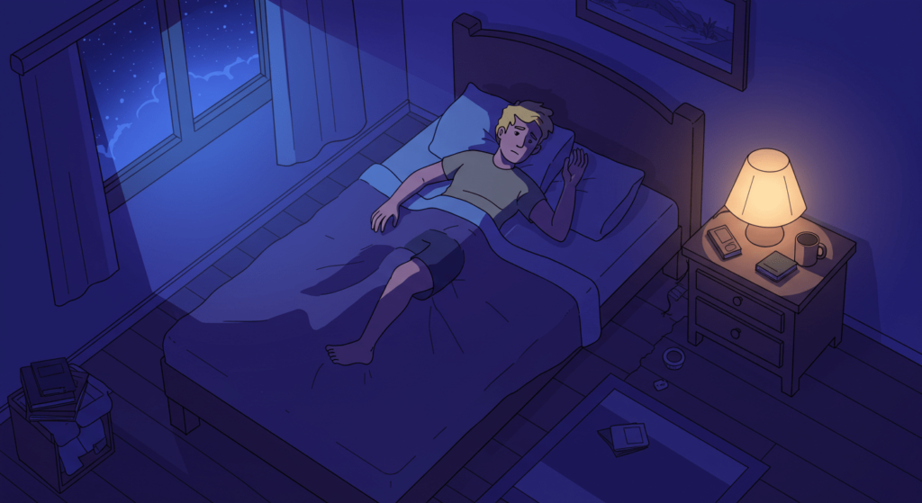 ¿Por qué tenemos pesadillas? Causas y significado de los sueños aterradores 1 Ilustración de un niño despierto en la cama por la noche, con un ambiente sombrío y preocupante.