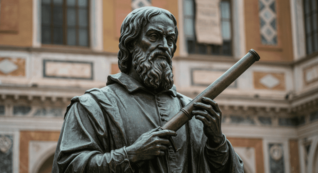¿Quién Fue Galileo Galilei y Por Qué Revolucionó la Ciencia? 3 Estatua de mármol de hombre barbudo con pergamino. Escultura antigua en nicho de piedra. #escultura #arte #mármol #historia #estatua