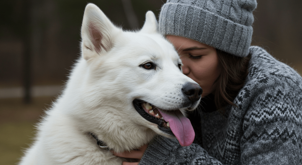 ¿Cómo sienten los perros y gatos? Descubre sus emociones y percepciones 2 Joven abrazando a un husky blanco, demostrando afecto y cariño.
