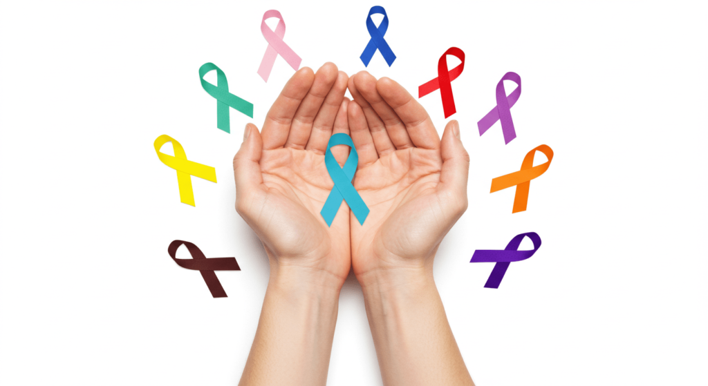 ¿Cómo funciona el cáncer? Causas, desarrollo y efectos en el organismo 1 Manos unidas rodeadas de cintas de colores, simbolizando apoyo a diversas causas y concienciación sobre enfermedades.