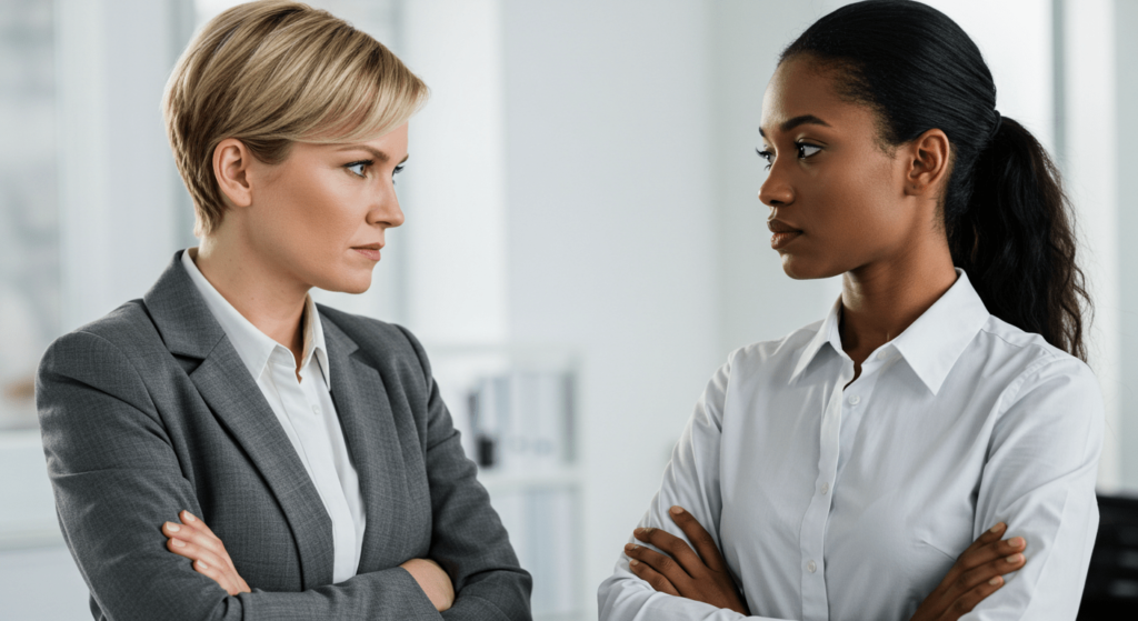 ¿Antipatía instantánea? Por qué algunas personas nos caen mal de inmediato 6 Dos mujeres de negocios con expresiones serias y brazos cruzados, sugiriendo un desacuerdo o tensión en el ambiente laboral.
