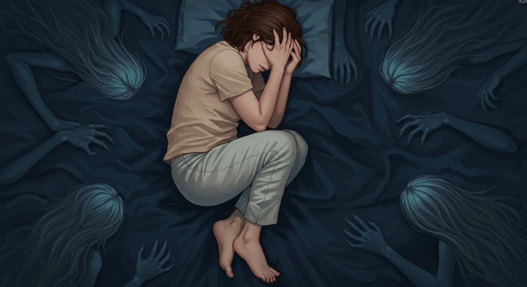 ¿Por qué tenemos pesadillas? Causas y significado de los sueños aterradores 6 Ilustración de una persona angustiada en la cama rodeada de fantasmas amenazantes.
