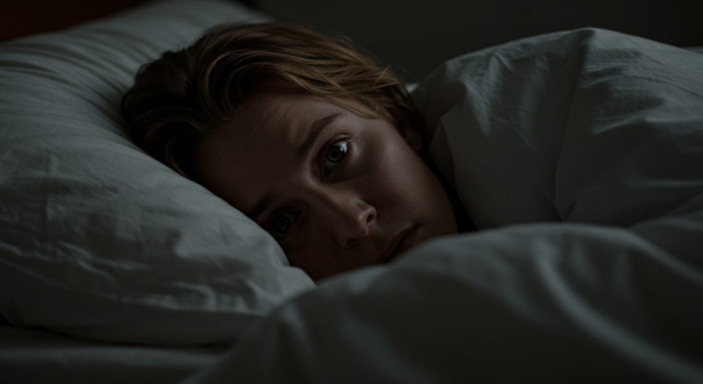 ¿Por qué tenemos pesadillas? Causas y significado de los sueños aterradores 3 Persona acostada en la cama en la oscuridad, mirando fijamente con una expresión de sorpresa o miedo.