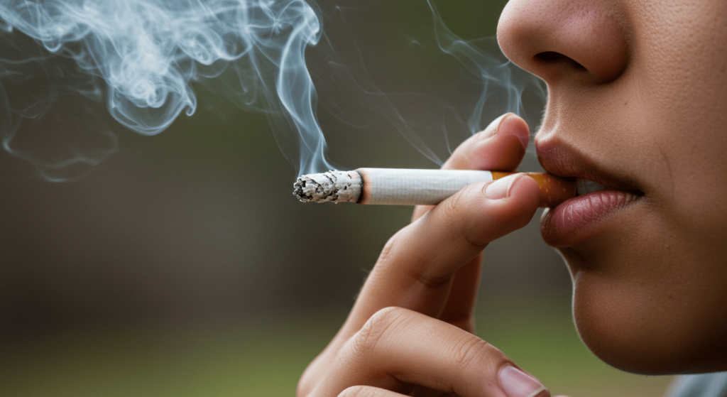 ¿Cómo funciona el cáncer? Causas, desarrollo y efectos en el organismo 3 Persona fumando un cigarrillo con humo denso alrededor.