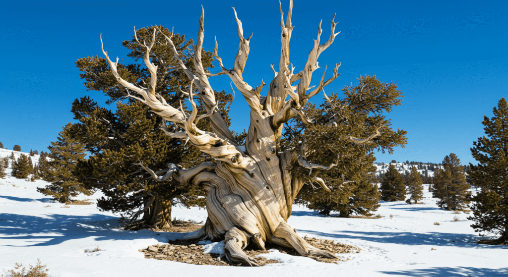 La Importancia de los Árboles: Guardianes del Planeta y Fuente de Vida 6 Fotografía de un pino longevo y retorcido en un paisaje nevado. Imagen de naturaleza y resistencia en un entorno de montaña.