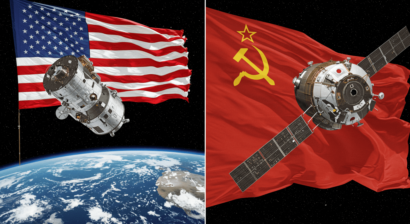 Medio siglo en la Luna: Así fue la histórica llegada del hombre a la luna en 1969 4 Ilustración del acoplamiento Apolo-Soyuz con banderas de EEUU y la URSS. Imagen histórica de cooperación espacial durante la Guerra Fría. Accesible para personas con discapacidad visual.