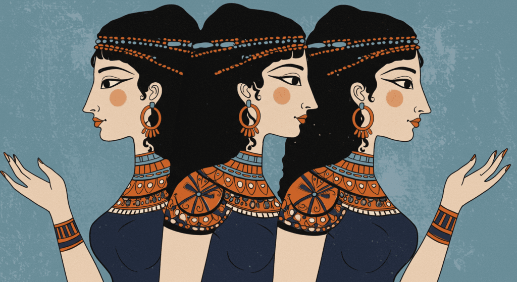Mitología griega: Los dioses, héroes y leyendas que forjaron el mundo antiguo 3 Ilustración antigua de tres mujeres con tocados y vestidos ornamentales sobre fondo azul. Arte Minoico mujeres tocados joyas fondo azul.