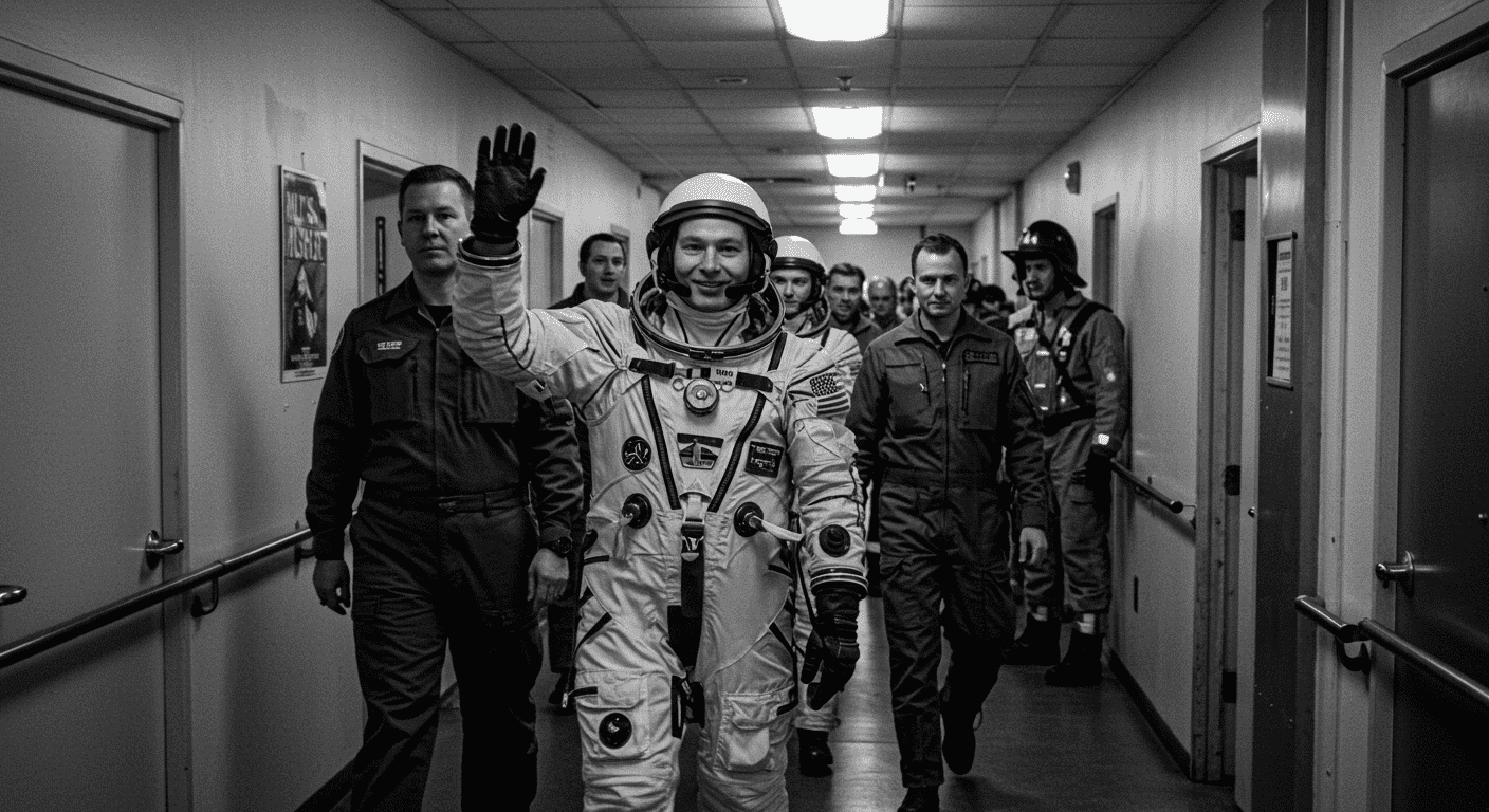 Medio siglo en la Luna: Así fue la histórica llegada del hombre a la luna en 1969 3 Astronautas caminando por un pasillo antes del lanzamiento. Imagen de la NASA para contenido de exploración espacial y misiones. Fotografía accesible para personas con discapacidad visual.