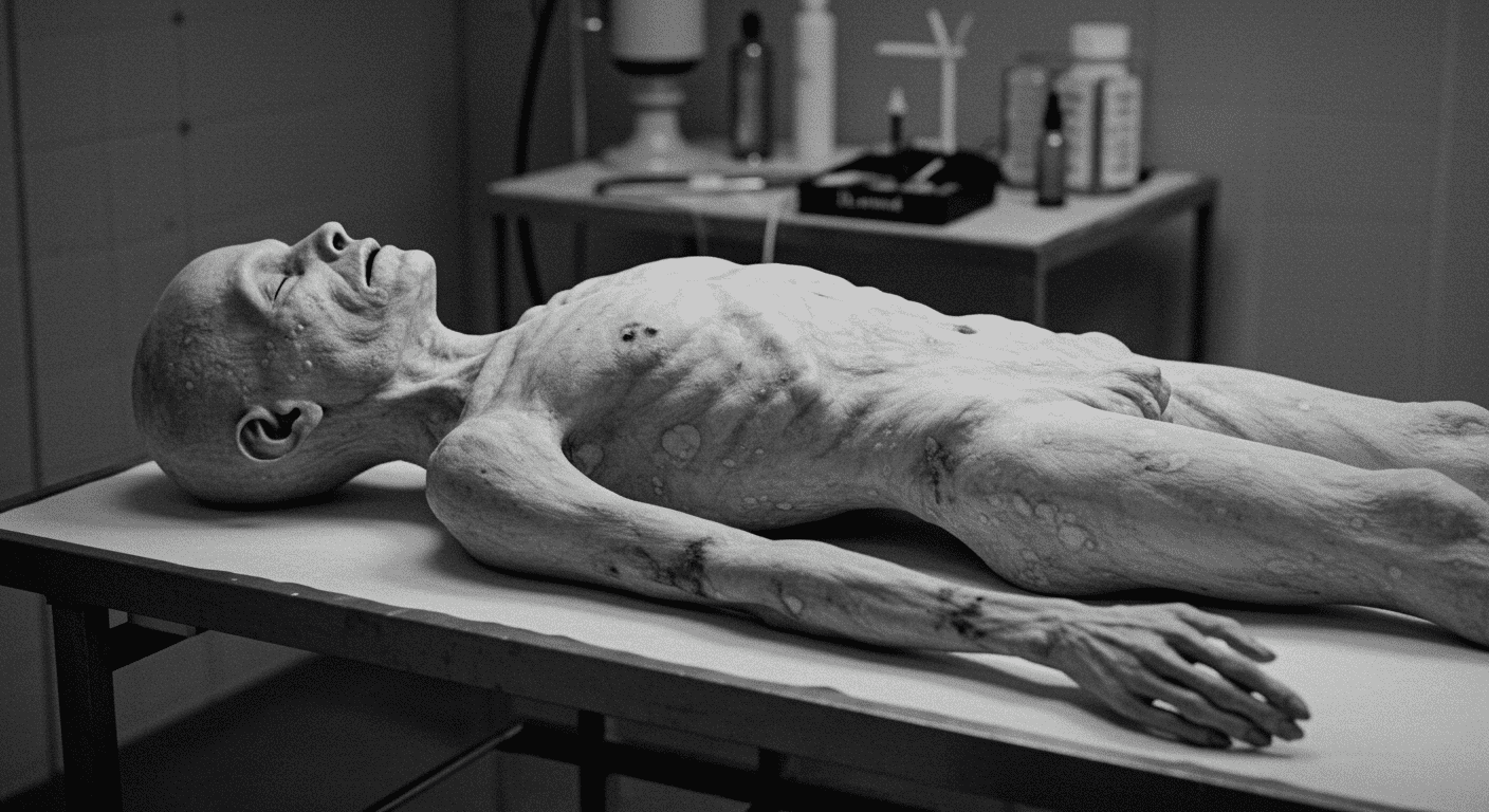 Área 51: El origen del misterio que rodea a la base más secreta del mundo 3 "Imagen en blanco y negro de un presunto extraterrestre fallecido en una mesa de examen. Figura humanoide con cabeza grande y extremidades delgadas. Posible autopsia alienígena."