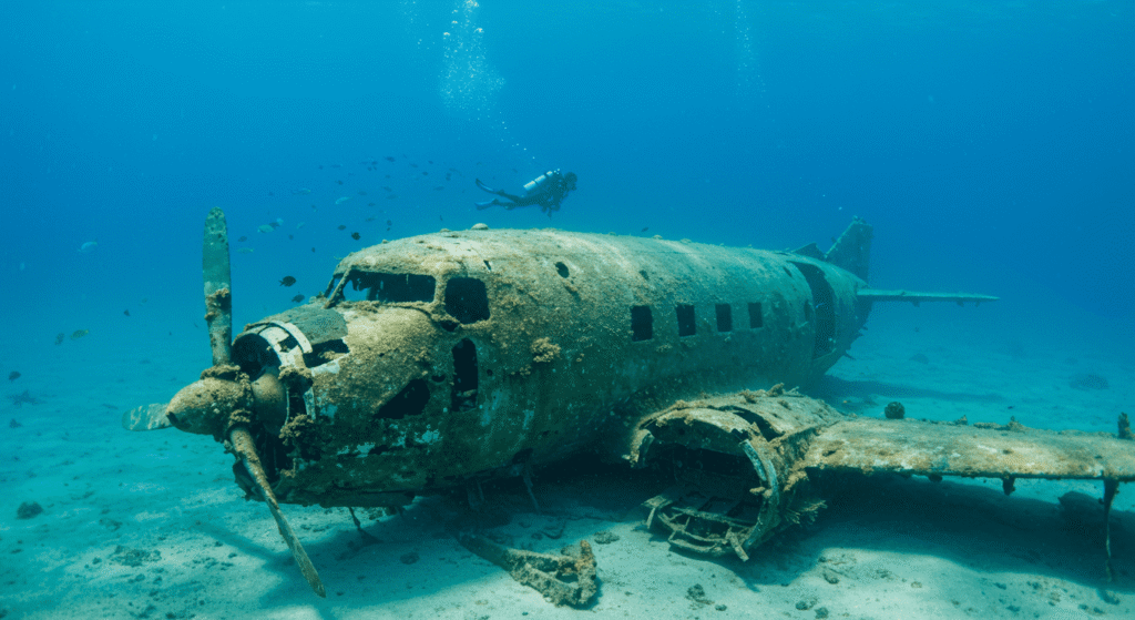 El Triángulo de las Bermudas: Misterios, desapariciones y teorías que aún desconciertan 7 Restos de un avión hundido bajo el mar. Naufragio, buceo y vida marina.