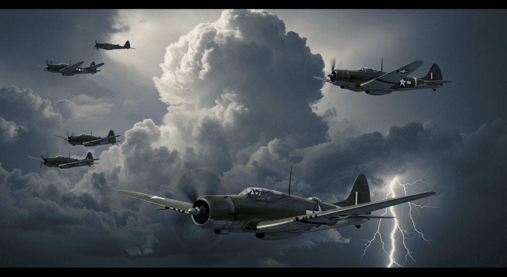 El Triángulo de las Bermudas: Misterios, desapariciones y teorías que aún desconciertan 4 Imagen surrealista con aviones militares y una mano gigante en el cielo. Fantasía, tormenta y elementos bélicos.
