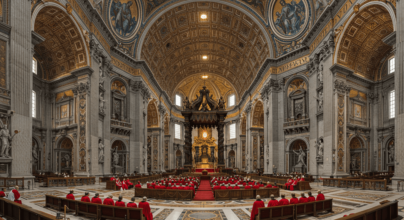 ¿Cómo se elige al nuevo Papa? Todo sobre el Cónclave y sus secretos 3 "Interior de la Basílica de San Pedro con cardenales reunidos. Imagen de la arquitectura y el clero en el Vaticano. Religión, arquitectura y Vaticano."