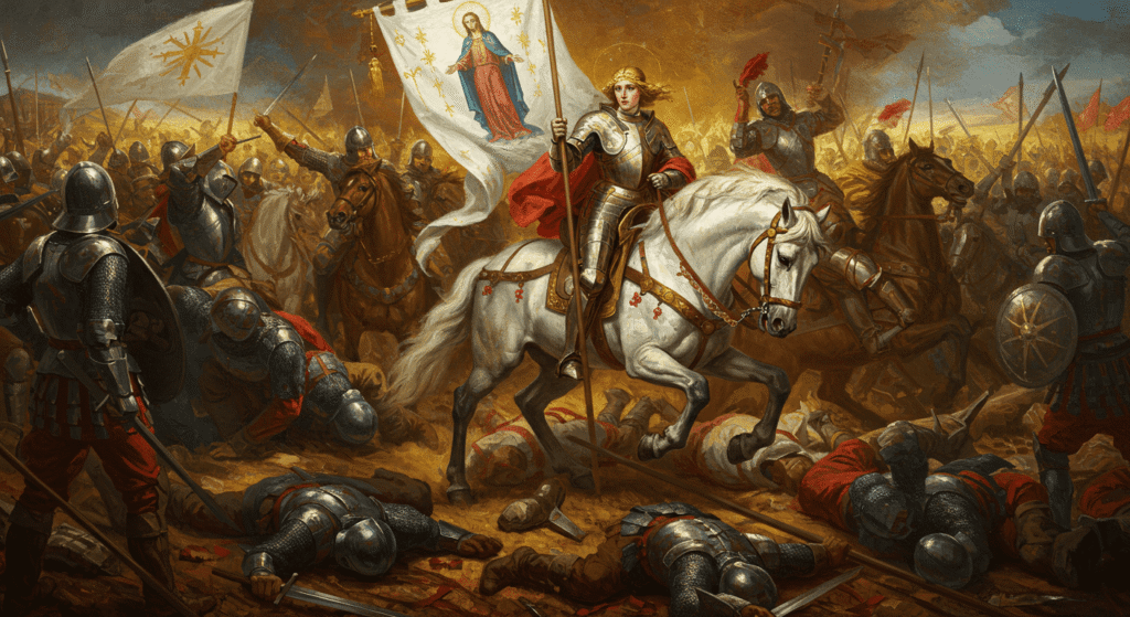 Gilles de Rais: El aterrador noble que inspiró la leyenda de Barba Azul 3 "Pintura al óleo que representa una batalla con una mujer en armadura montada en un caballo blanco y portando una bandera. Escena histórica de guerra. Apto para personas con discapacidad visual."