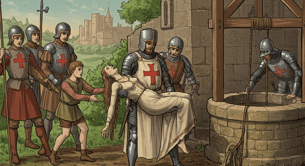 Gilles de Rais: El aterrador noble que inspiró la leyenda de Barba Azul 5 "Ilustración antigua a color que muestra a un caballero rescatando a una mujer cerca de un pozo en un entorno de castillo. Escena histórica dramática. Apto para personas con discapacidad visual."