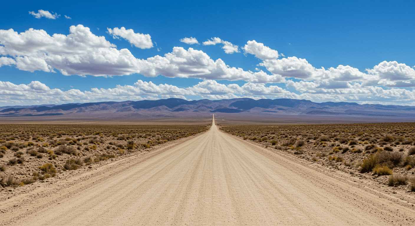 Área 51: El origen del misterio que rodea a la base más secreta del mundo 7 "Larga carretera recta de tierra en paisaje desértico bajo cielo azul con nubes. Camino al horizonte, viaje y aventura."