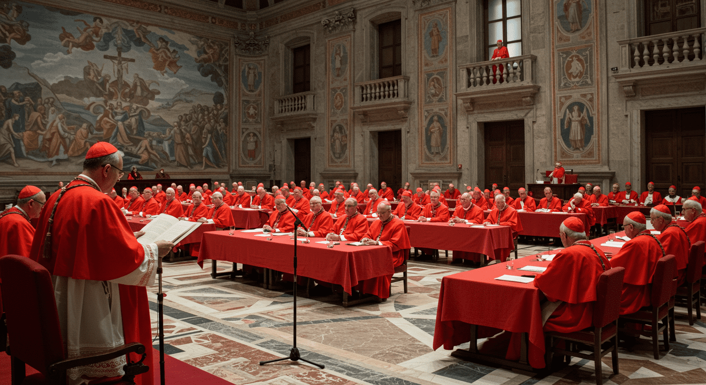 ¿Cómo se elige al nuevo Papa? Todo sobre el Cónclave y sus secretos 2 "Cardenales reunidos en el Vaticano para una ceremonia. Imagen de líderes religiosos en un salón con frescos. Iglesia Católica, Vaticano, Cardenales."