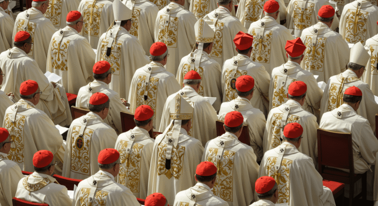 "Reunión de cardenales católicos en el Vaticano, vistiendo ropas blancas con detalles dorados. Ceremonia religiosa con vista superior del grupo. Iglesia Católica, Vaticano, cardenales."