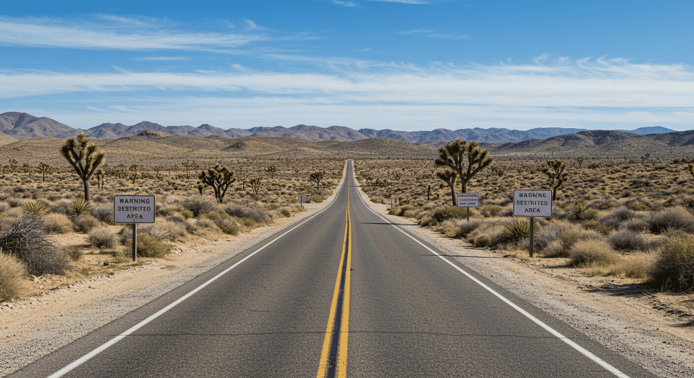 Área 51: El origen del misterio que rodea a la base más secreta del mundo 5 "Advertencia: Carretera desértica con señales de peligro. Área restringida con vegetación árida y cielo azul. Precaución y límites legales."