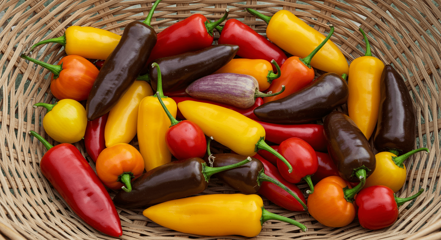 Datos curiosos que probablemente ignorabas hasta hoy 4 Cesta llena de chiles de diversos colores. Imagen de cocina y gastronomía para recetas picantes y alimentos. Fotografía accesible para personas con discapacidad visual.