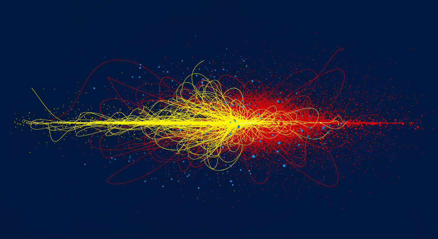 El Bosón de Higgs: ¿Por qué lo llaman la "partícula de Dios"? 3 Gráfico abstracto de una colisión de partículas con líneas amarillas y puntos rojos sobre fondo azul. Física, ciencia, datos, representación visual.