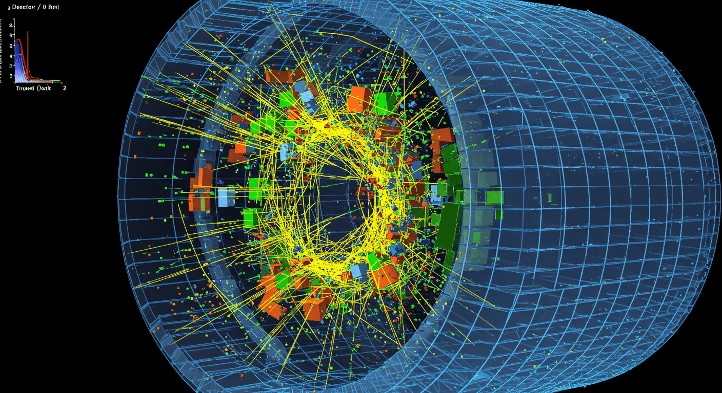 Física cuántica explicada fácil: El extraño mundo de lo muy pequeño 3 Visualización gráfica de una colisión de partículas en un detector. Física de partículas, CERN, experimento científico.