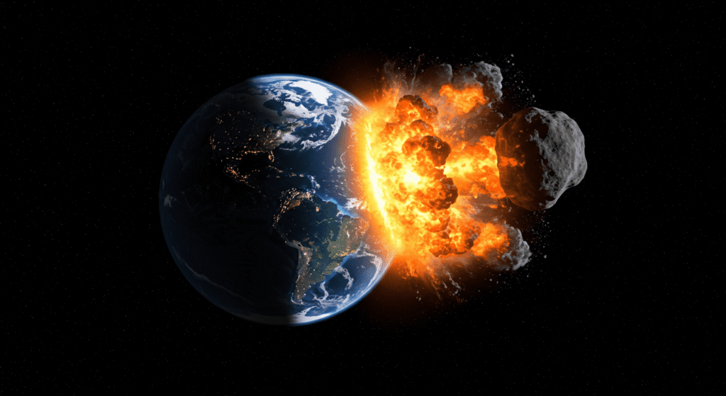 La Luna: Ciencia y curiosidades del satélite que nos hipnotiza 5 Impacto de asteroide o planeta contra la Tierra con explosión brillante. Catástrofe cósmica, colisión espacial.