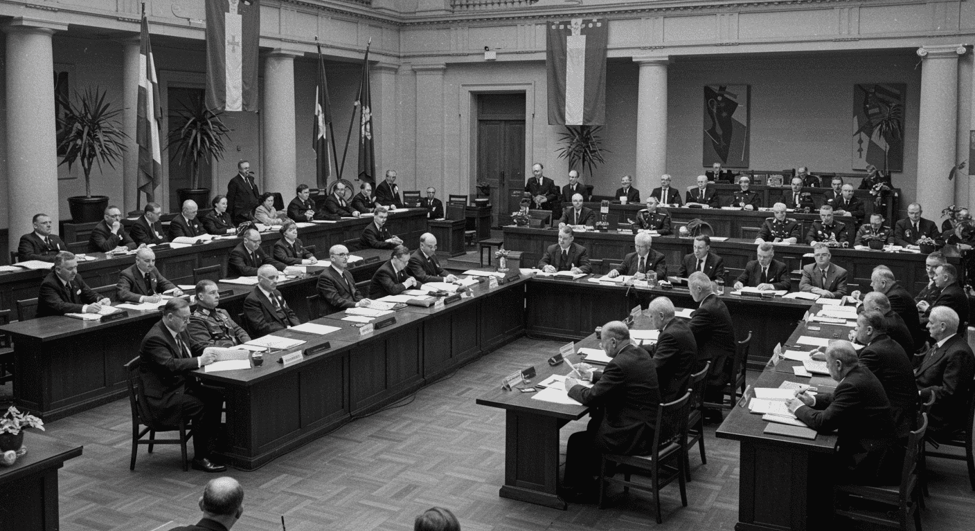 La Primera Guerra Mundial: Causas, consecuencias y por qué la llamaron la “Gran Guerra” 6 Fotografía histórica en blanco y negro de una conferencia internacional con representantes de varios países. Imagen de diplomacia y negociaciones, ideal para contenido sobre historia, política y relaciones internacionales.