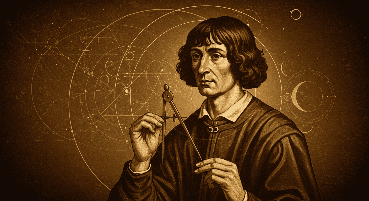 ¿Quién fue Nicolás Copérnico y por qué cambió nuestra visión del universo? 6 Ilustración sepia de Nicolás Copérnico con diseño geométrico. Retrato vintage con diagramas científicos y elementos astronómicos. Ideal para historia, ciencia y arte digital.
