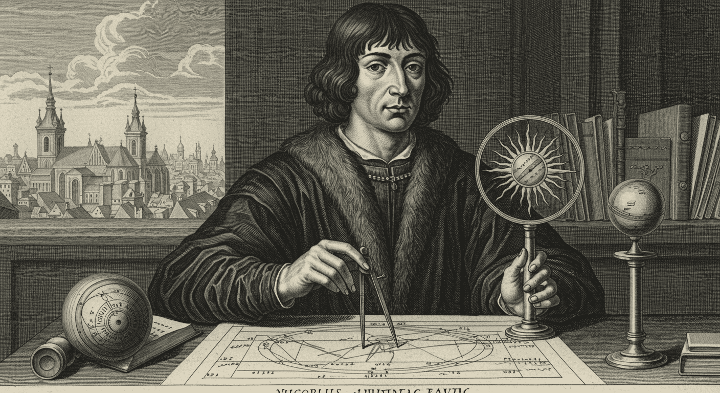 ¿Quién fue Nicolás Copérnico y por qué cambió nuestra visión del universo? 1 Retrato grabado de Nicolás Copérnico, astrónomo polaco famoso por su teoría heliocéntrica. Imagen en blanco y negro ideal para historia de la ciencia y biografías.