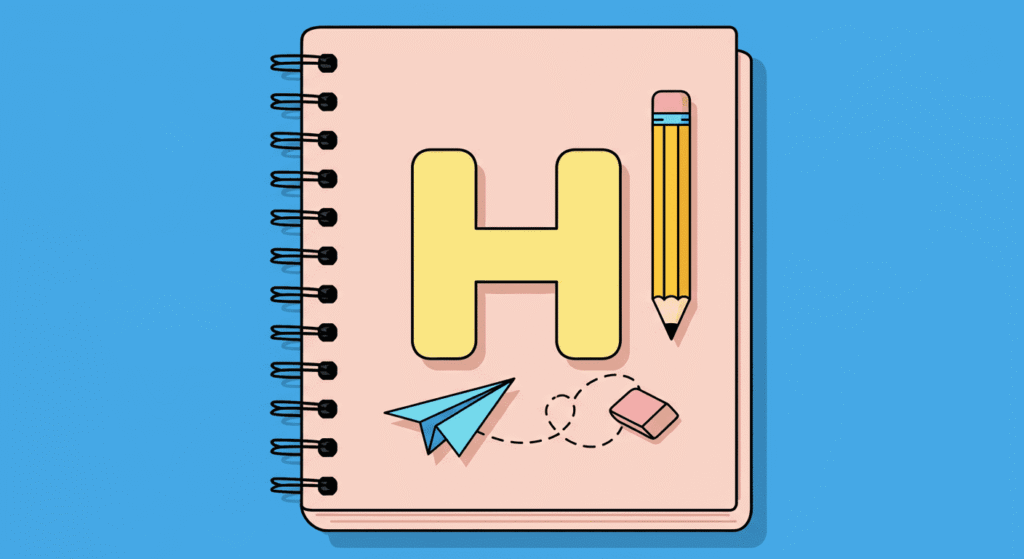 La letra H: ¿Innecesaria o más útil de lo que parece? 5 Ilustración de cuaderno con la letra H, lápiz y avión de papel. Diseño creativo y educativo con colores llamativos.