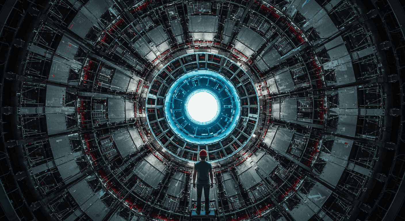 El Bosón de Higgs: ¿Por qué lo llaman la "partícula de Dios"? 5 Imagen detallada del interior de un detector del CERN, con maquinaria compleja y cableado intrincado. Ciencia, investigación, tecnología.