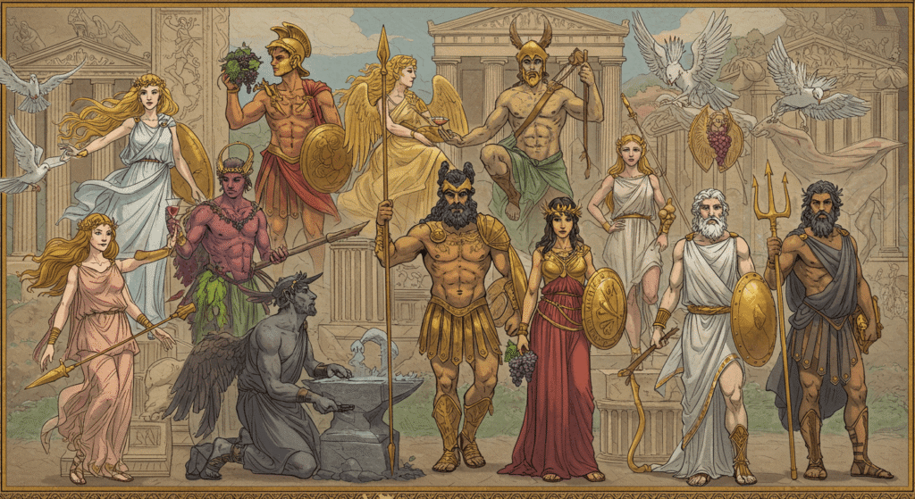 Mitología griega: Los dioses, héroes y leyendas que forjaron el mundo antiguo 7 Ilustración de los dioses griegos: Hera, Zeus, Poseidón, Afrodita y otros personajes mitológicos. Dibujo dioses griegos mitología.