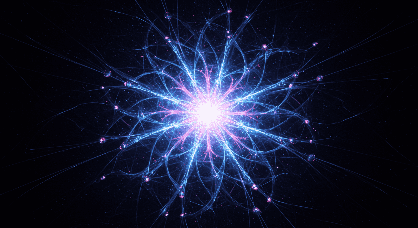 El Bosón de Higgs: ¿Por qué lo llaman la "partícula de Dios"? 1 Diseño abstracto y luminoso en tonos azules y morados con líneas radiales y patrones intrincados. Arte digital, ciencia, energía.