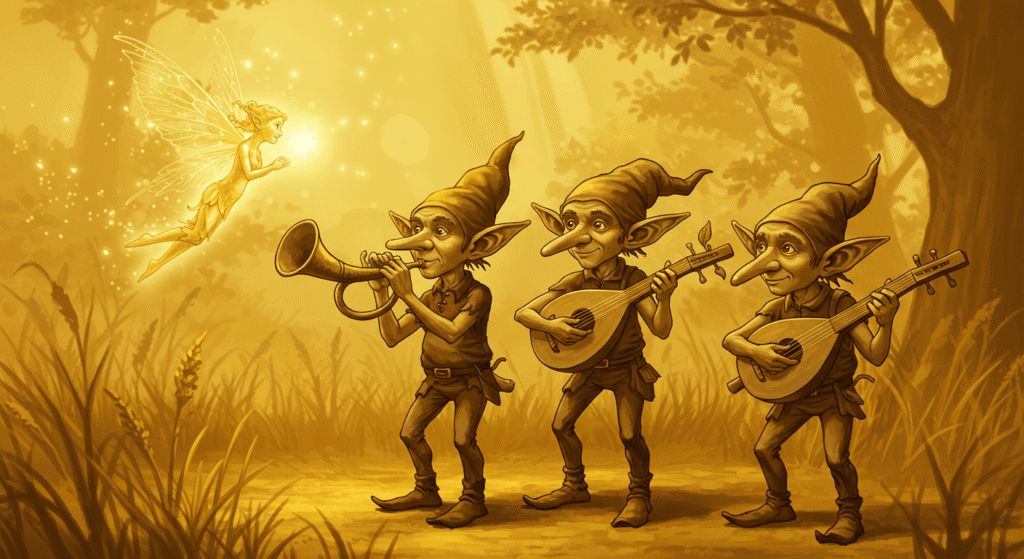 Los duendes: Mitos, leyendas y posibles explicaciones de estas misteriosas criaturas 2 Ilustración de fantasía con duendes músicos tocando instrumentos cerca de un árbol, y una hada dorada brillante en el cielo. Imagen para cuentos de hadas y temas fantásticos.
