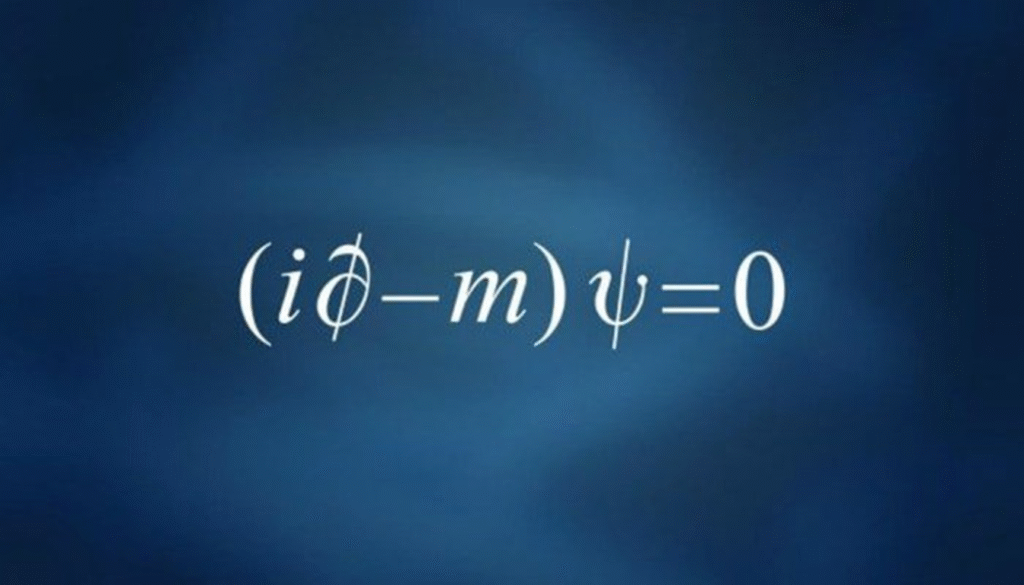 La Antimateria y sus posibles aplicaciones 2 Imagen de la ecuación de Dirac, (i∂ - m)ψ = 0, en blanco sobre fondo azul degradado. Fórmula matemática de física cuántica.