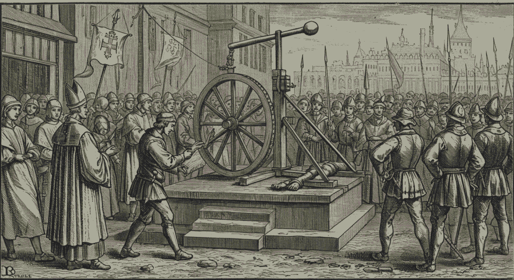 Los 6 verdugos más sanguinarios de la historia: Crueldad con sello oficial 7 "Ilustración antigua en blanco y negro de una ejecución pública con rueda de tormento. Contenido muy sensible. Apto para personas con discapacidad visual, con advertencia sobre contenido gráfico explícito. Se recomienda discreción."